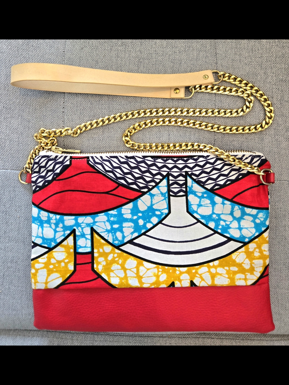 Vibrant Multicolor Canvas & Red Leather Crossbody with Gold Chain